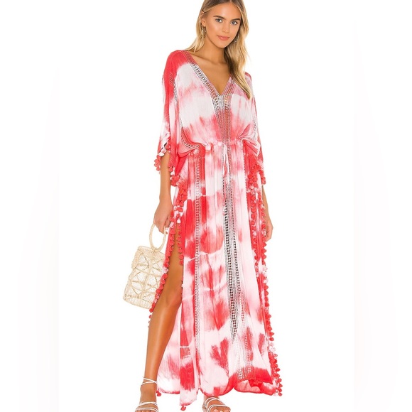 Michael Stars Farrah Maxi Caftan in white & neon pink size OS - Picture 4 of 5